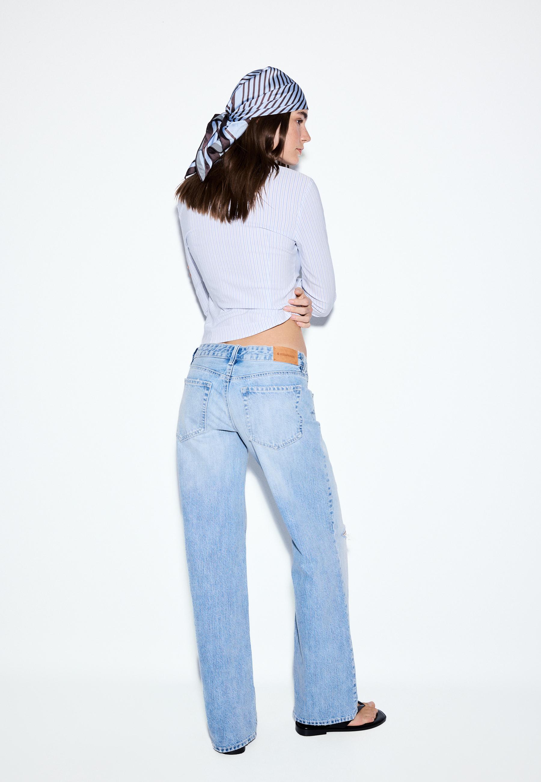 Ripped low-waist straight jeans — MEDIUM LIGHT BLUE DENIM