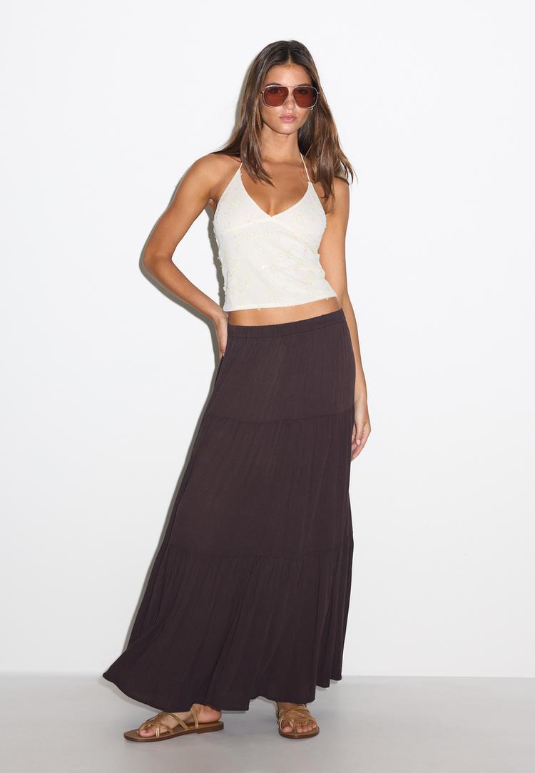 Stradivarius Top Halter Cu Broderie Paiete Vanilie Xs