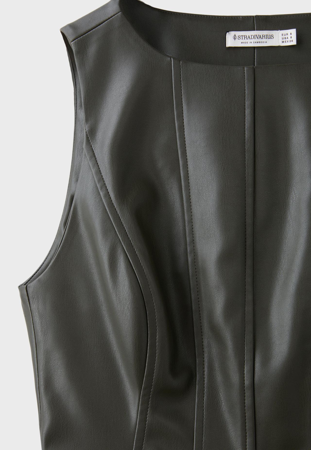 Leather effect peplum sleeveless top — Khaki