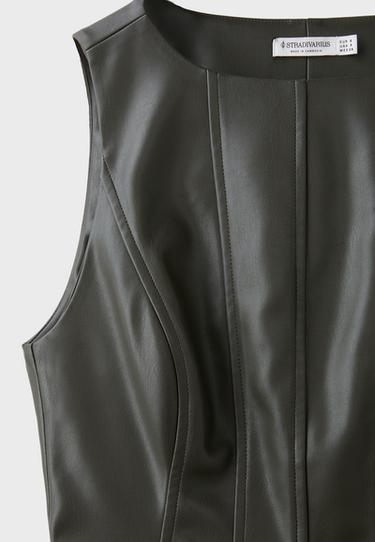 Leather effect peplum sleeveless top — Khaki 9