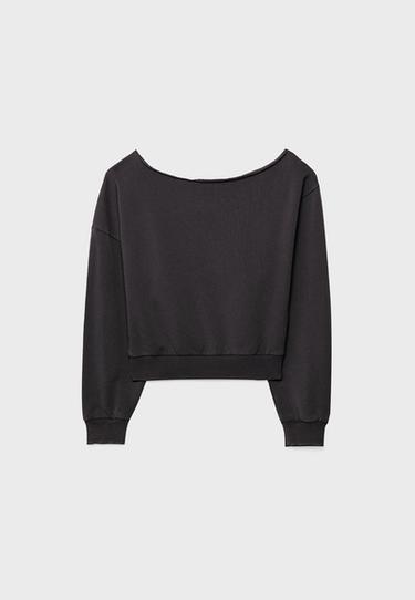 Yıkanmış görünümlü kısa sweatshirt - Görsel 5