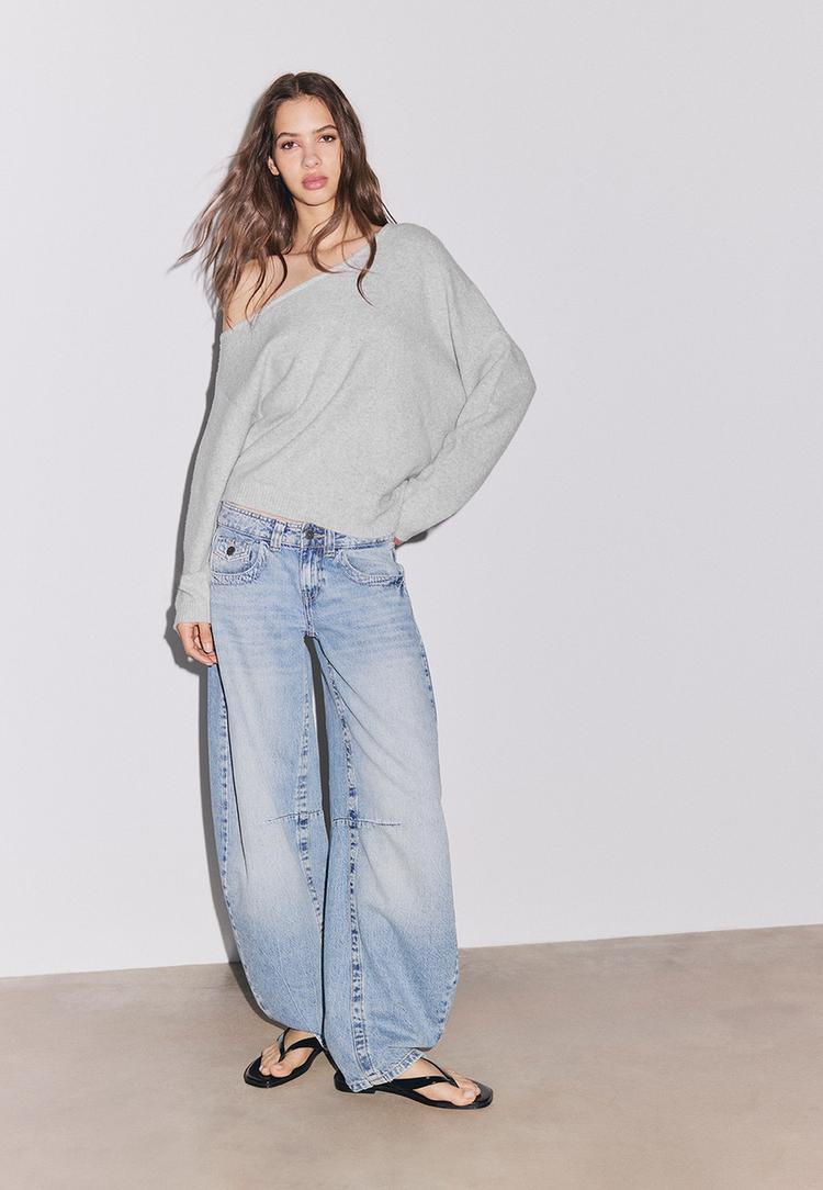 Stradivarius Asimetrični Pleteni Pulover Grey Melange Xs