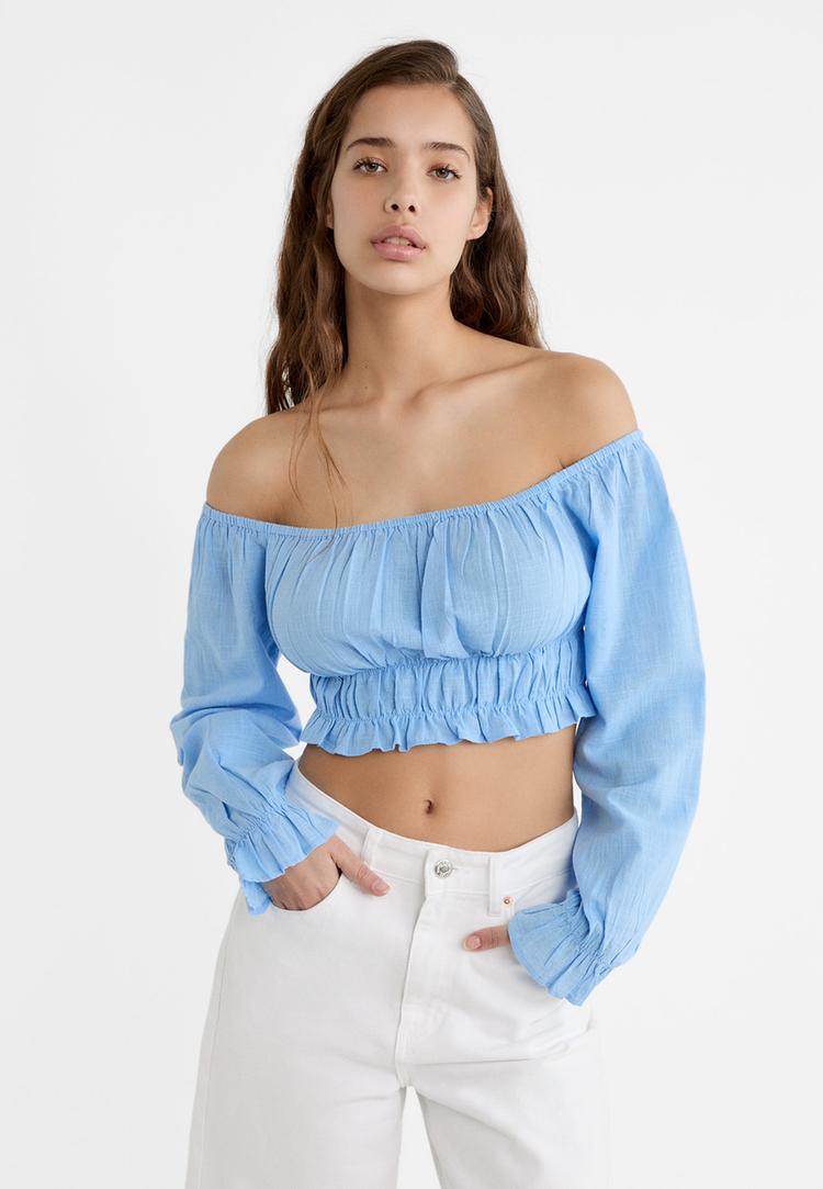 Stradivarius Bluză Cu Elastic Și Umeri Goi Azuriu S
