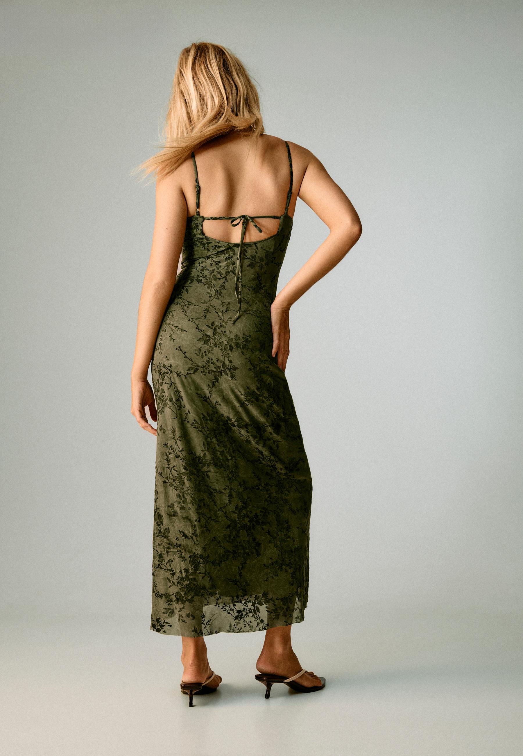 Flocked midi strap dress — Khaki