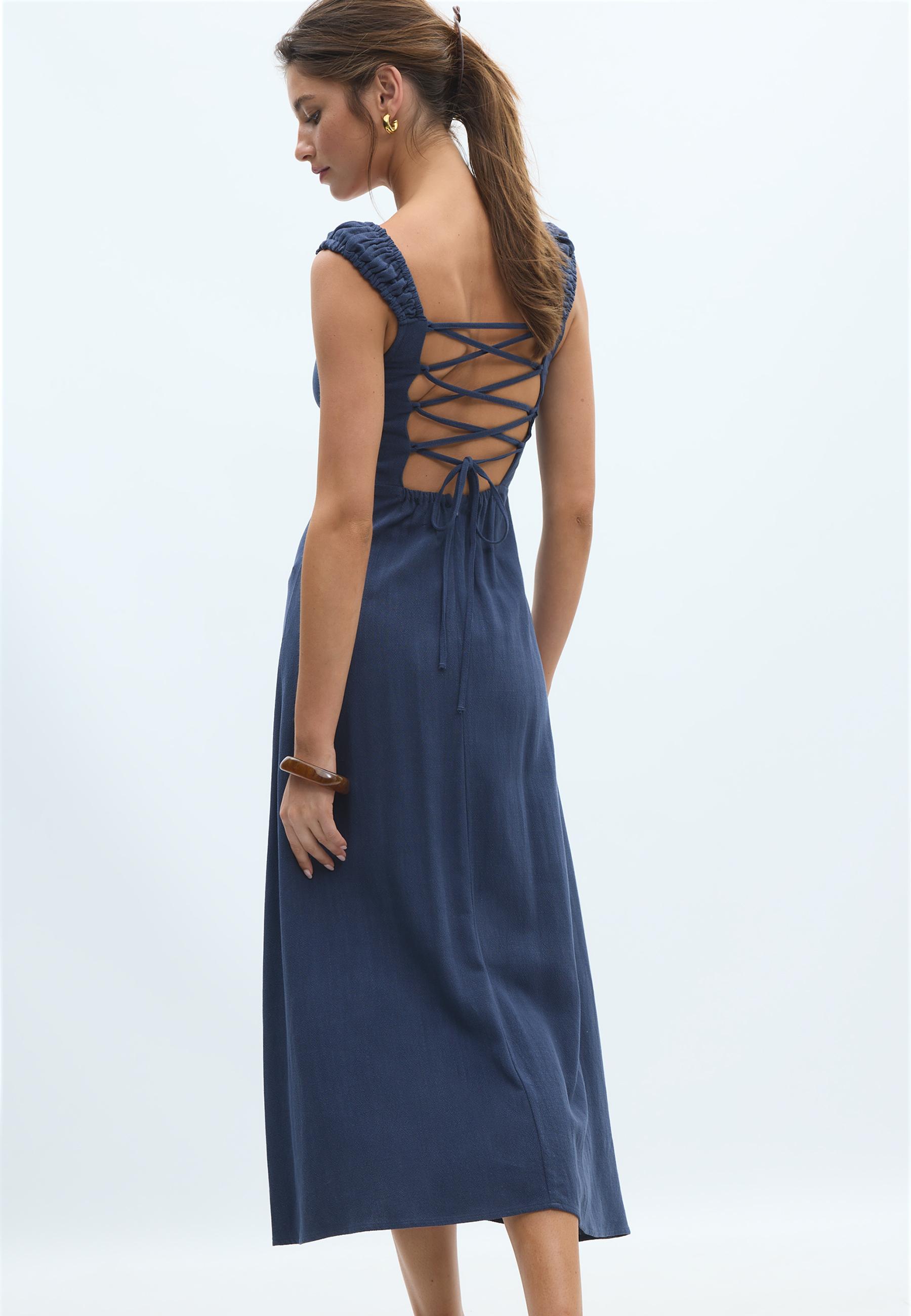 Linen-look cross-back midi dress — Navy blue