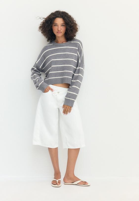 Stradivarius Pulover Crop Din Tricot Cu Dungi Gri Închis M