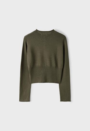 Fitted stand collar cardigan — Khaki 8
