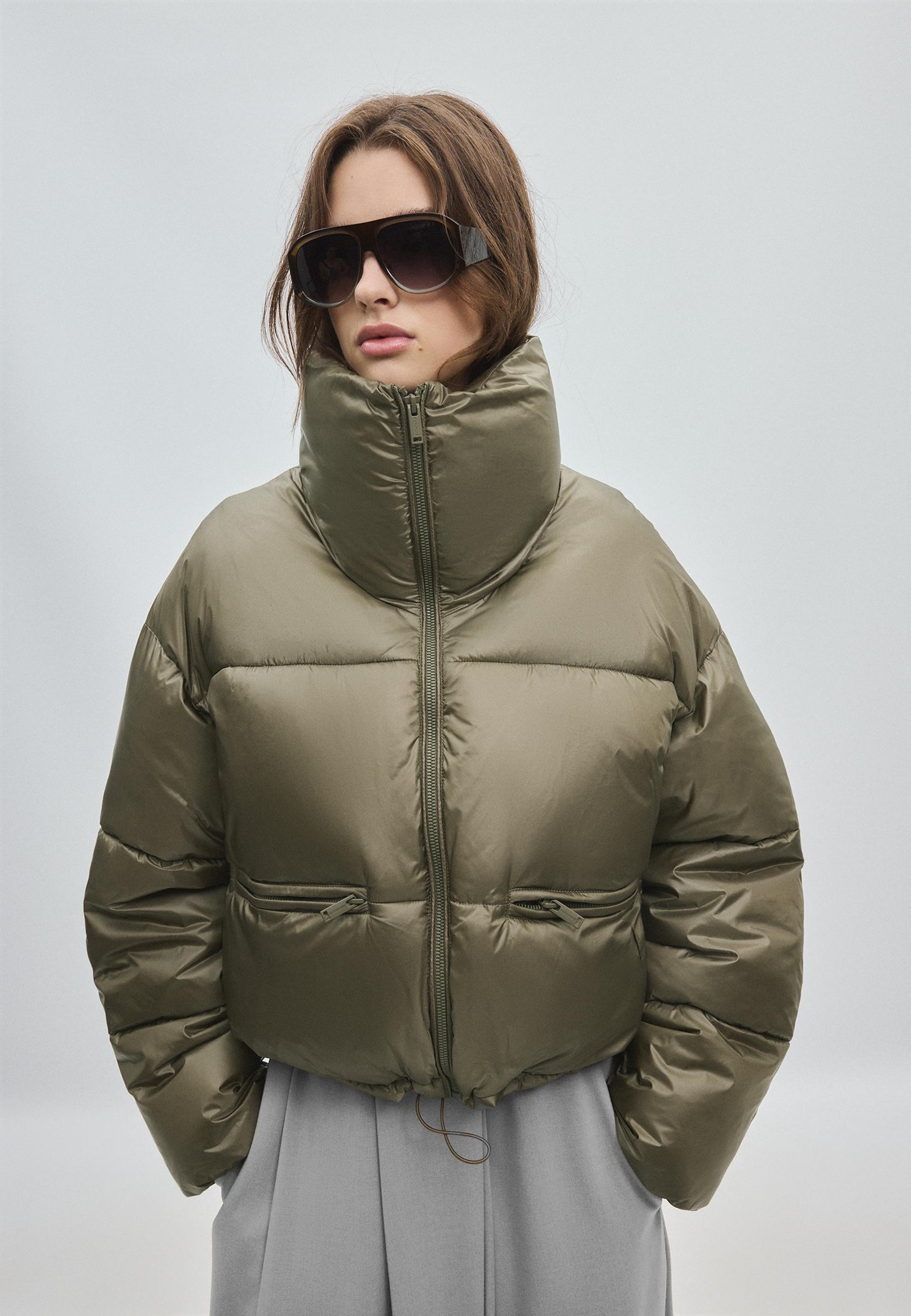 Shiny cropped down jacket — Khaki