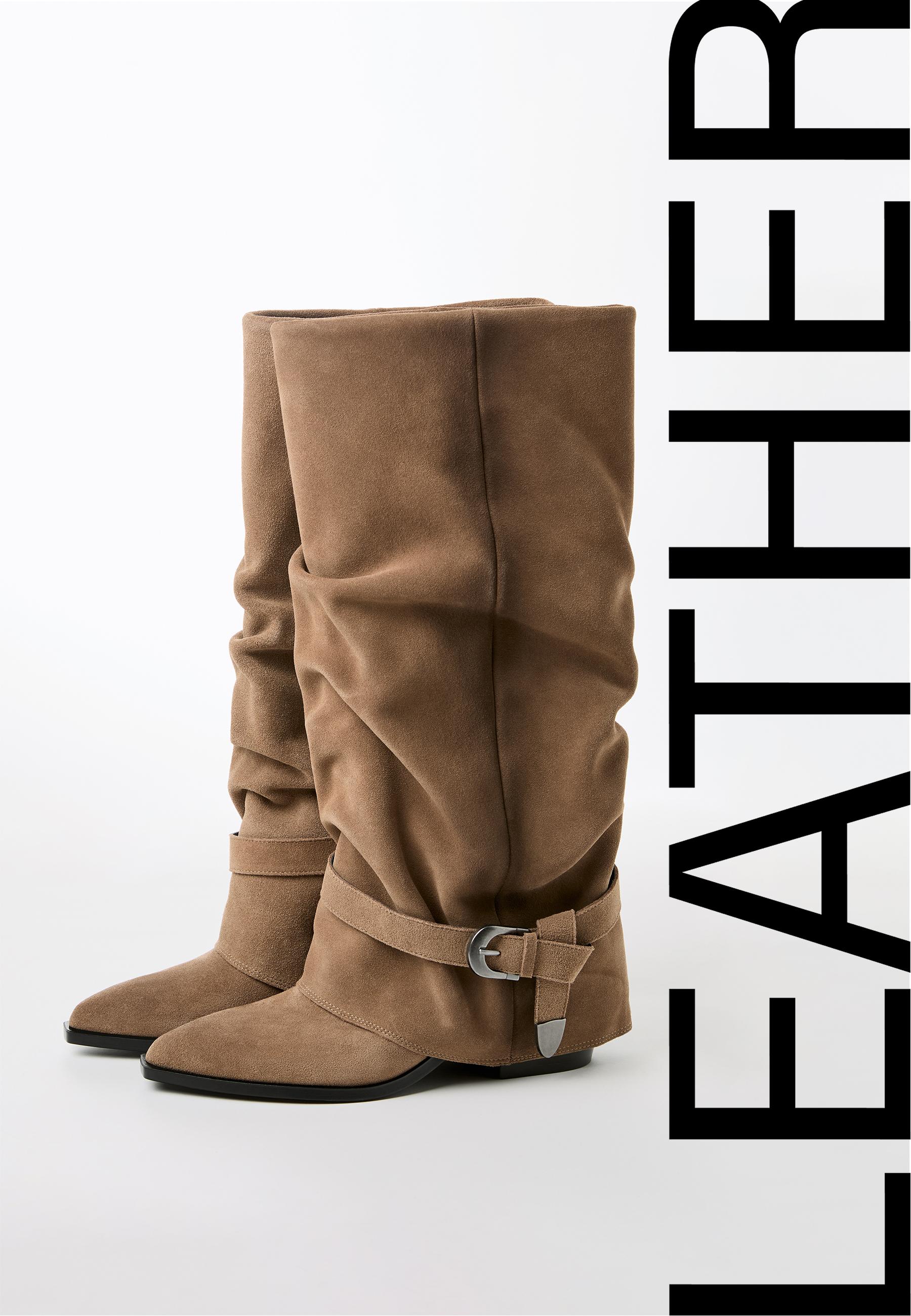High-heel joots leather boots — BEIGE