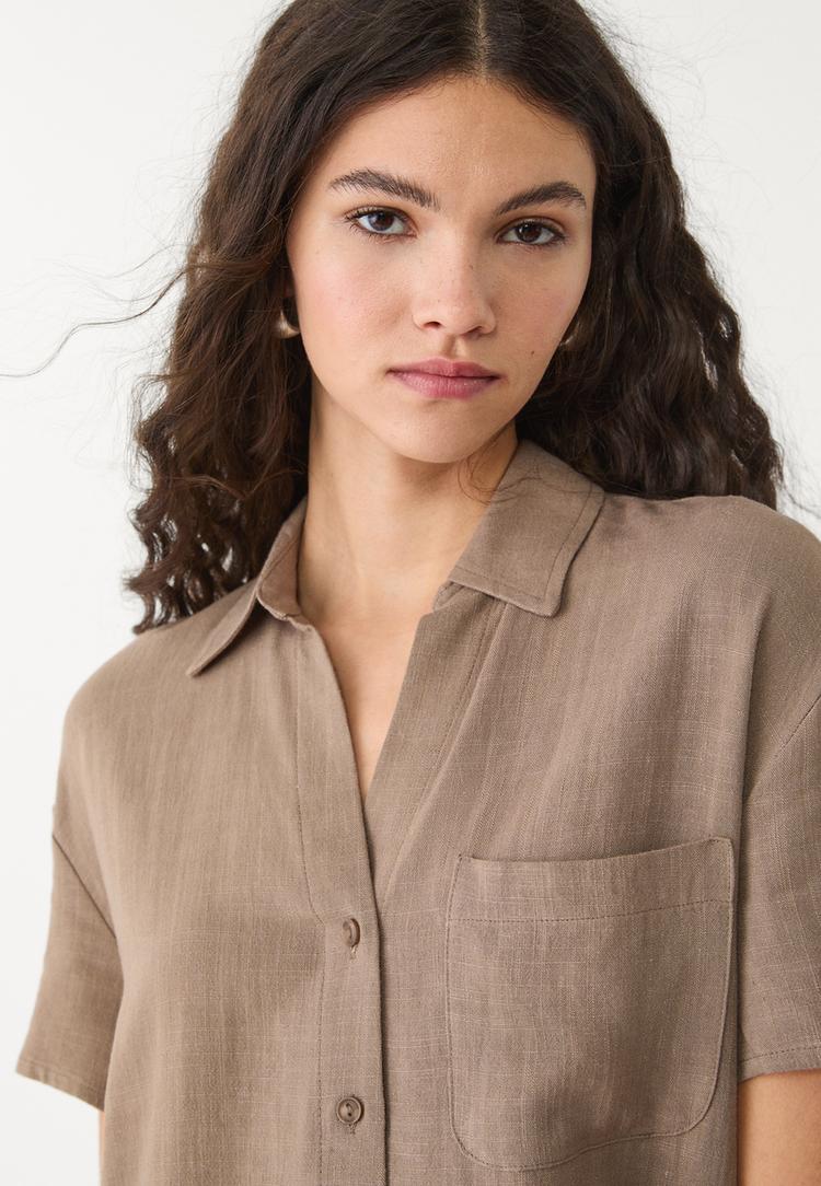 camicia a maniche corte in misto lino