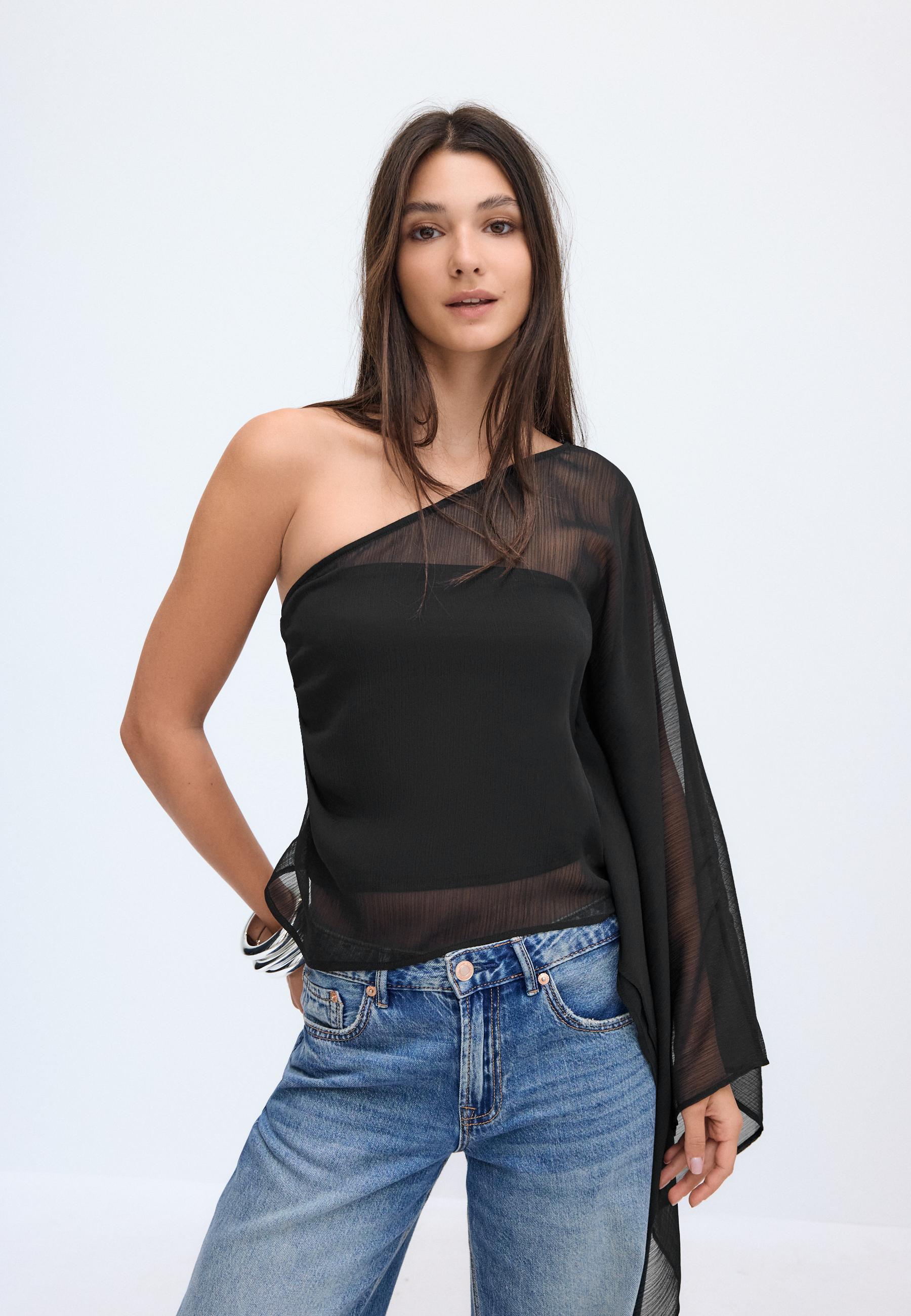 Asymmetric draped top — Black