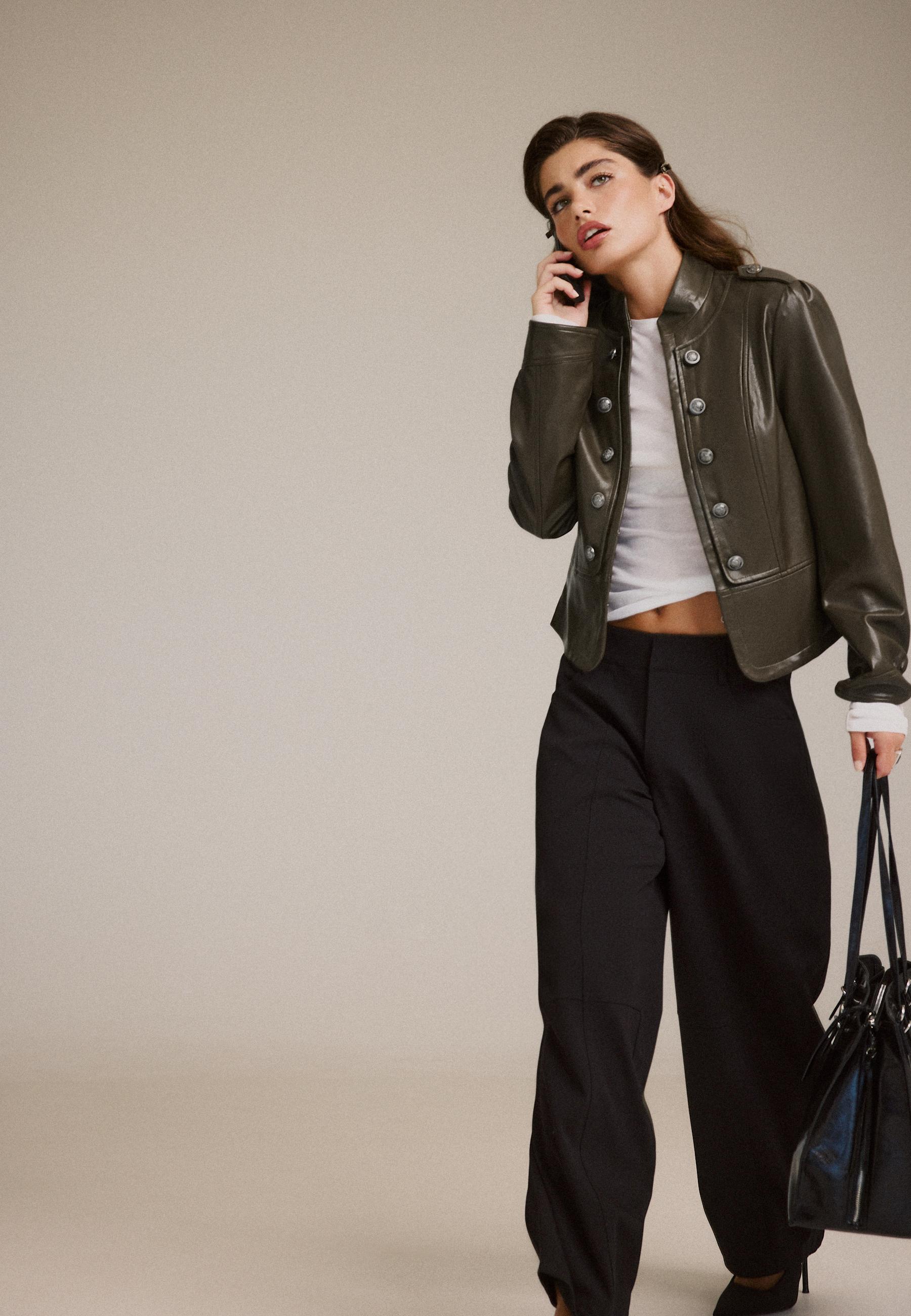 Leather effect blazer with engraved buttons — Khaki