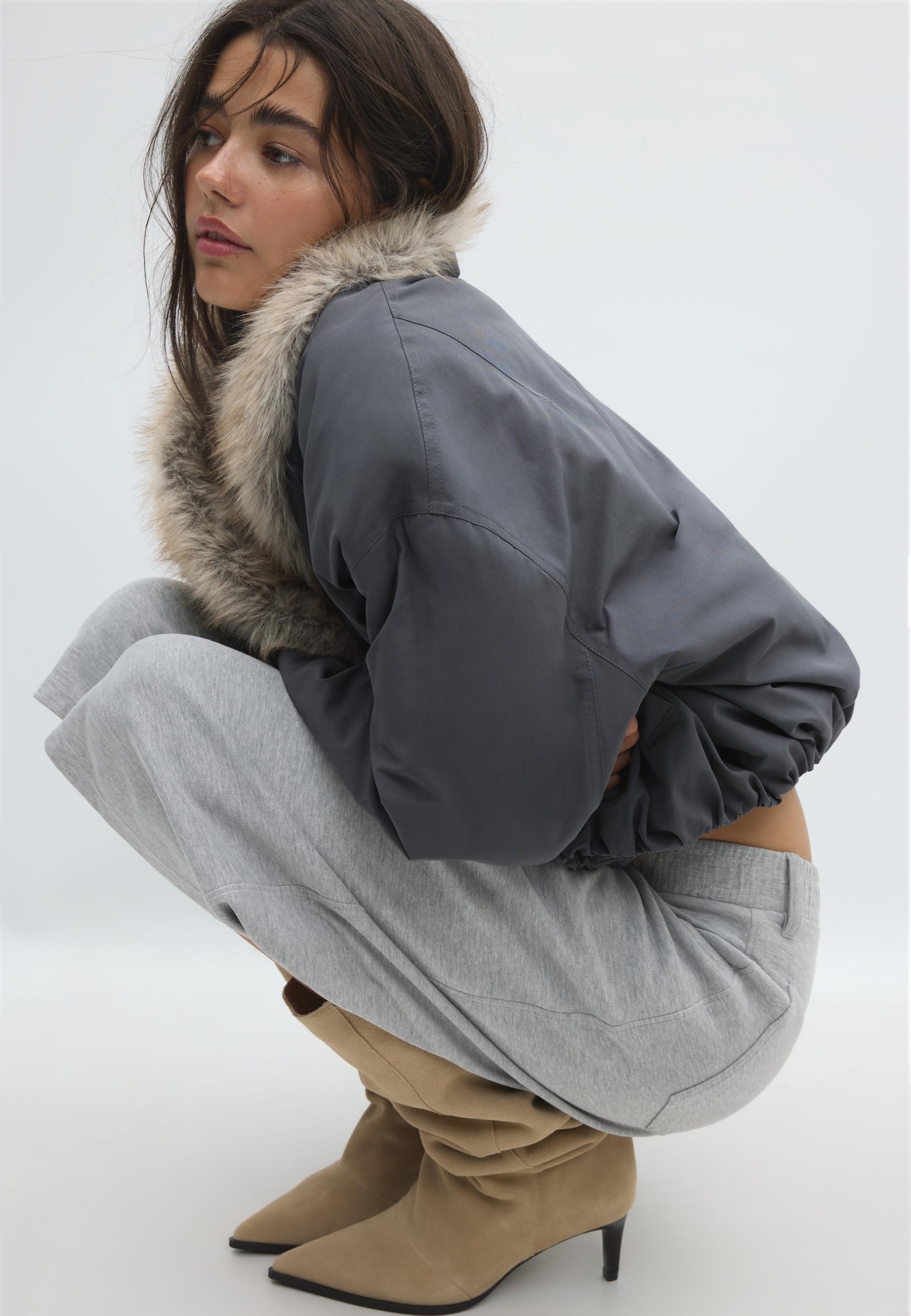Puffer jacket with faux fur shawl collar — Dark grey