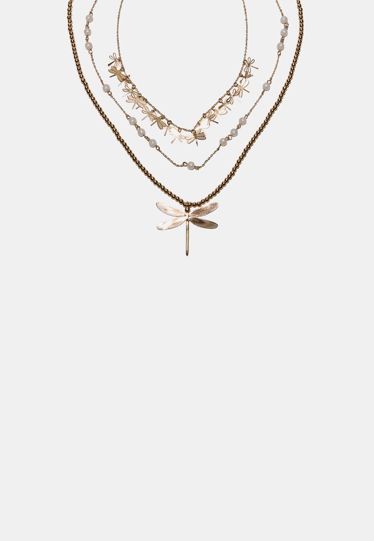 Stradivarius Σετ 3 Κολιέ Με Λιβελλούλα Χρυσαφί Os