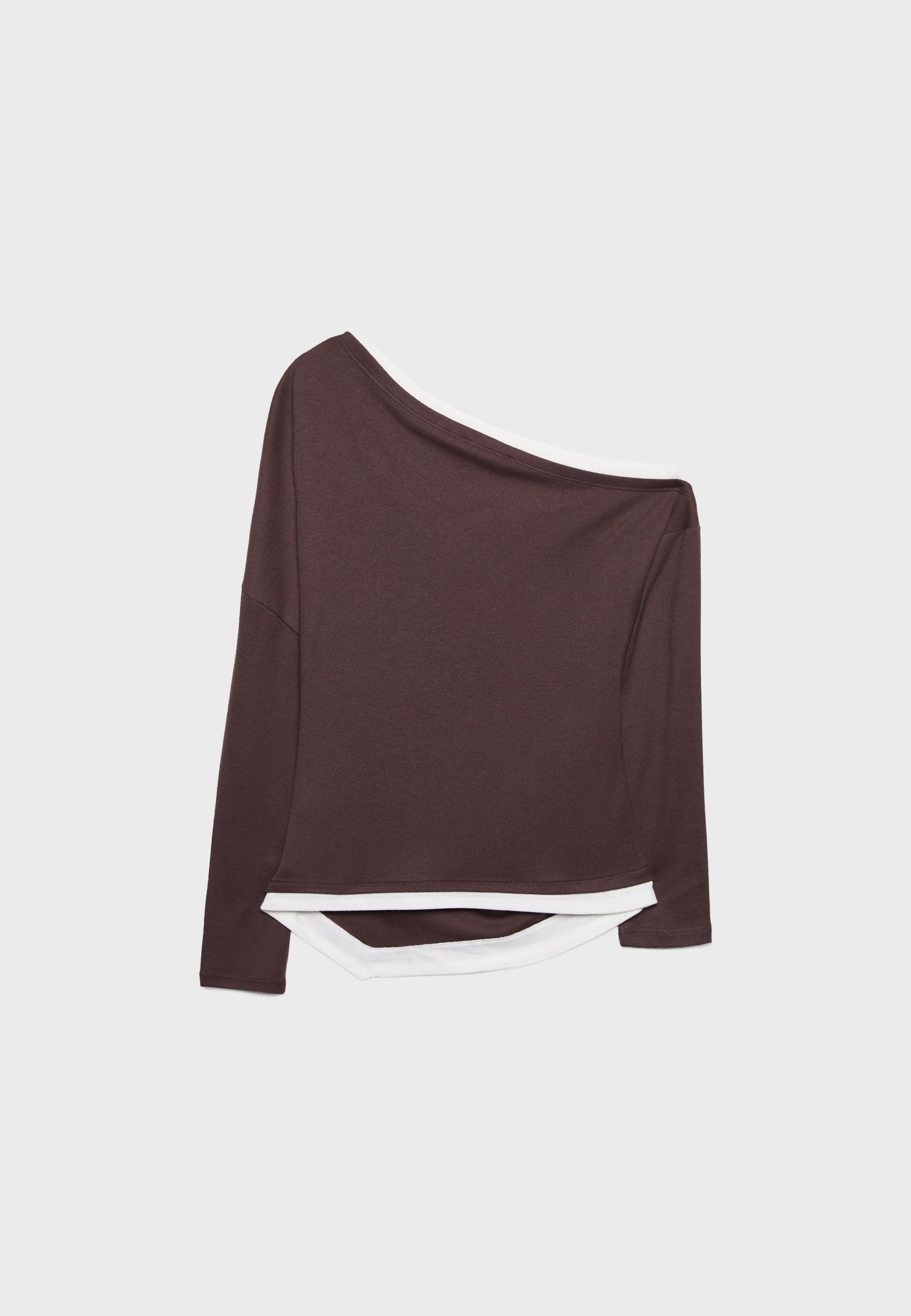 Double-layer asymmetric long sleeve T-shirt — Brown