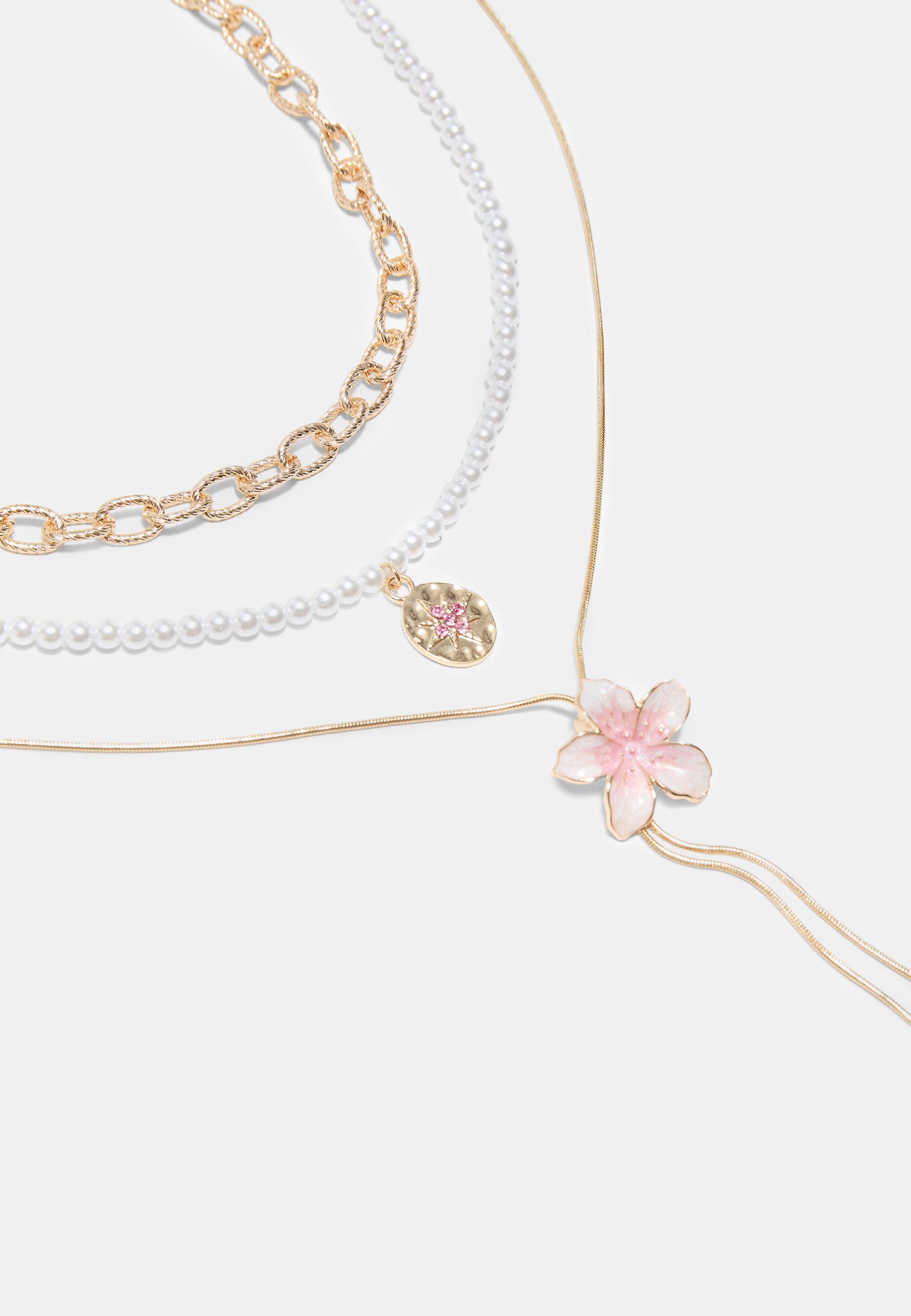 Set of 3 enamel flower necklaces — Gold