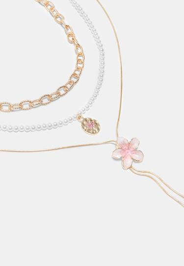 Set of 3 enamel flower necklaces — Gold 3