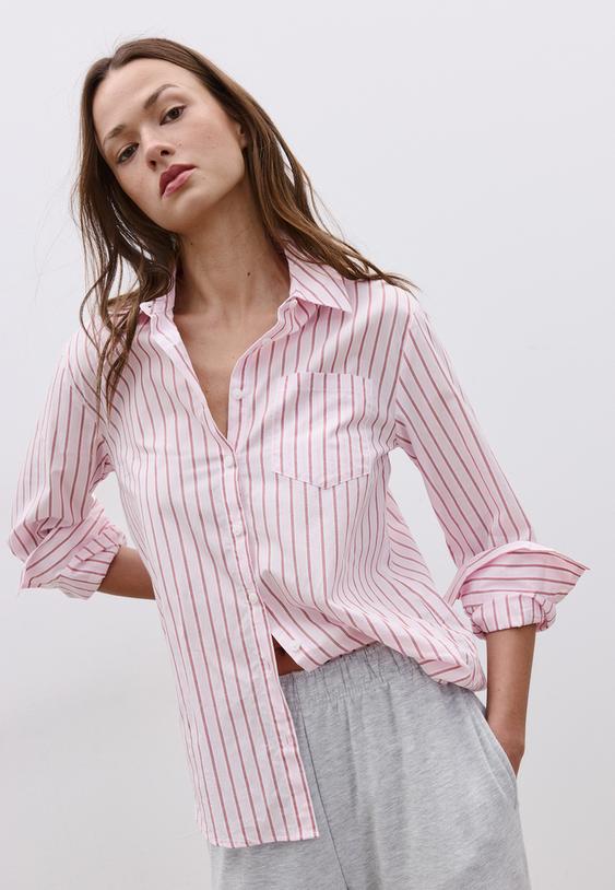 camicia basic a righe con tasca in popeline