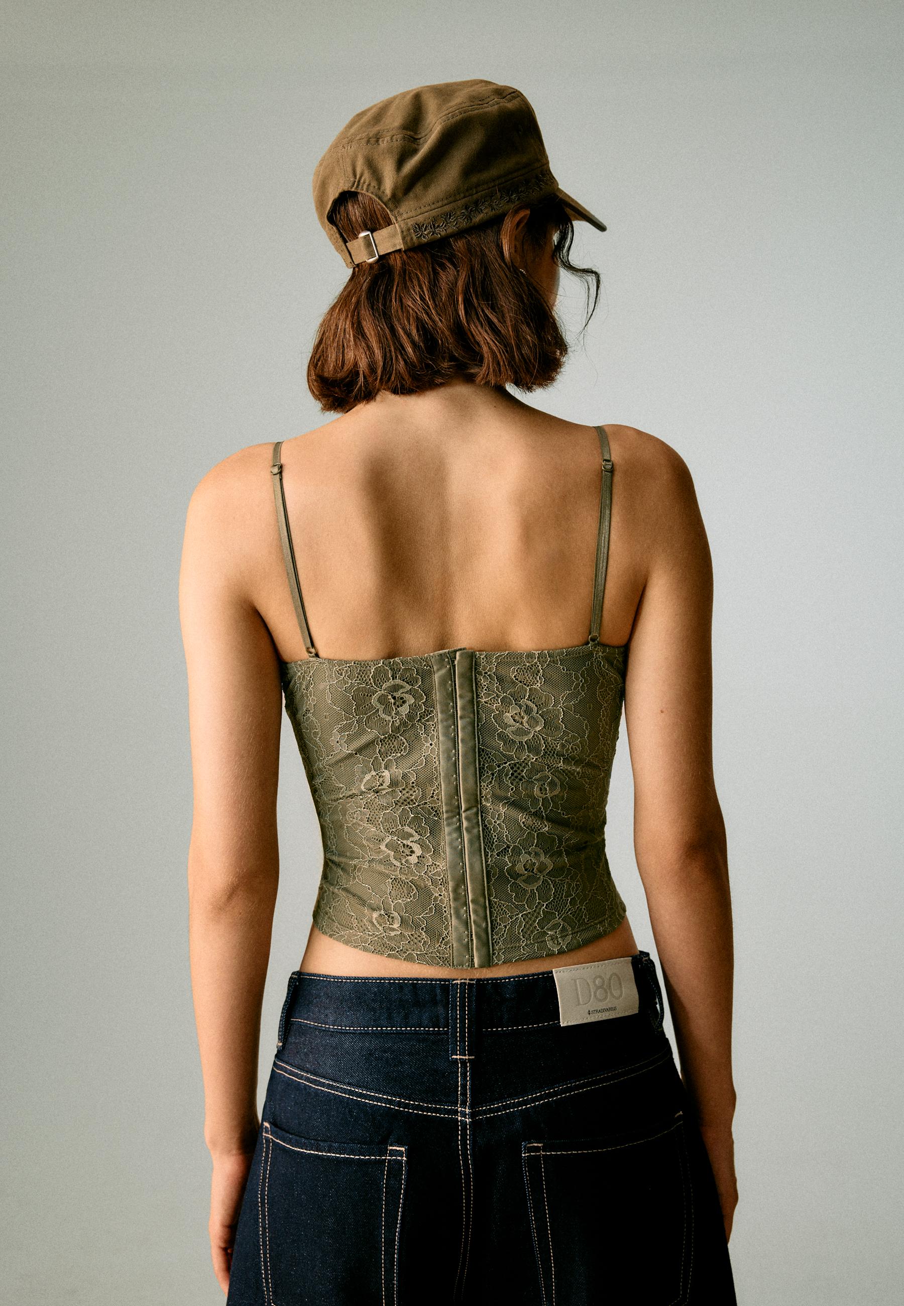 Lace corsetry-inspired top — Khaki