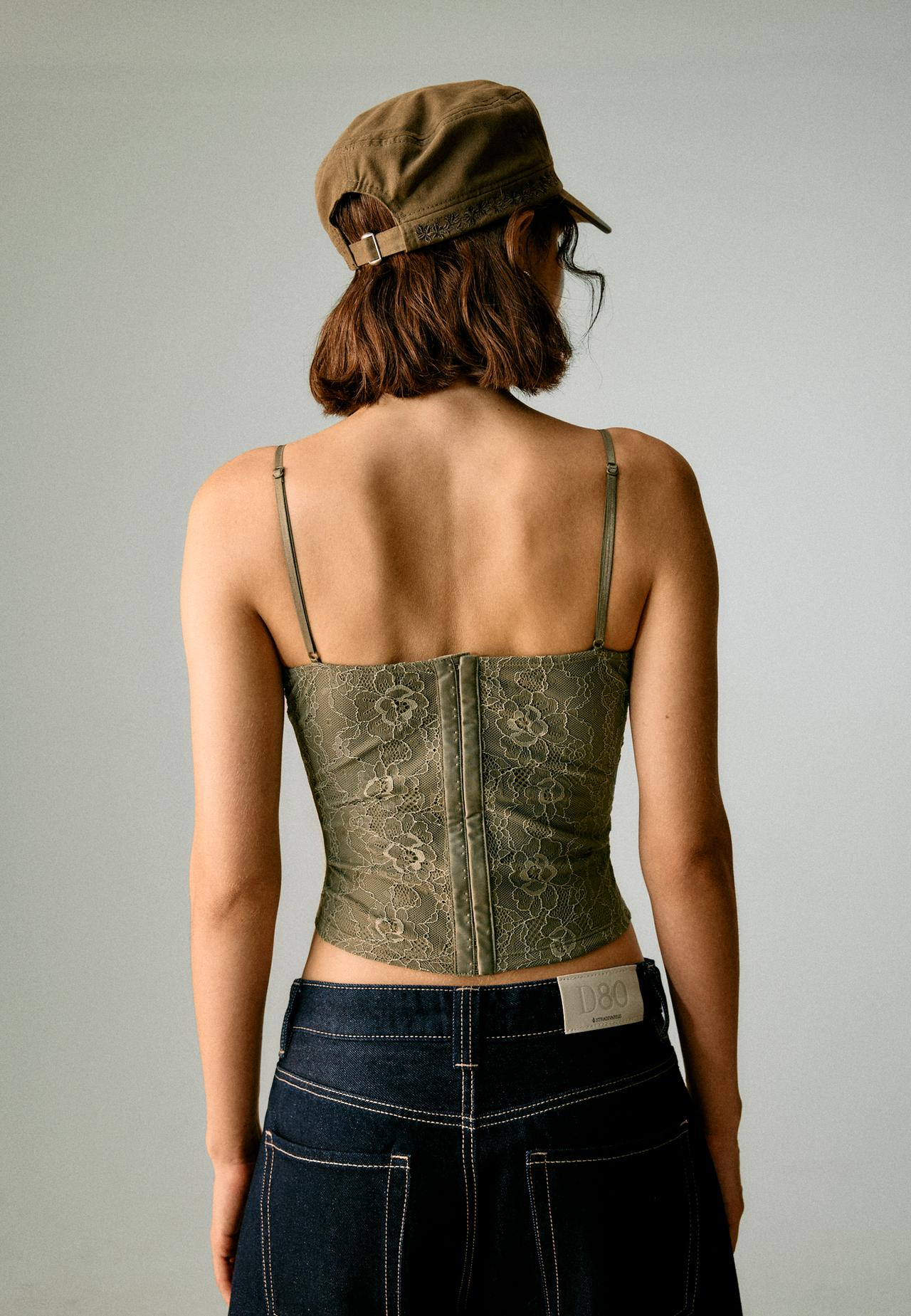 Corsetry-inspired lace top — Khaki