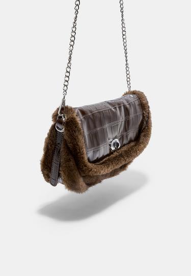 Combined mock croc and faux fur shoulder bag — Brown 3