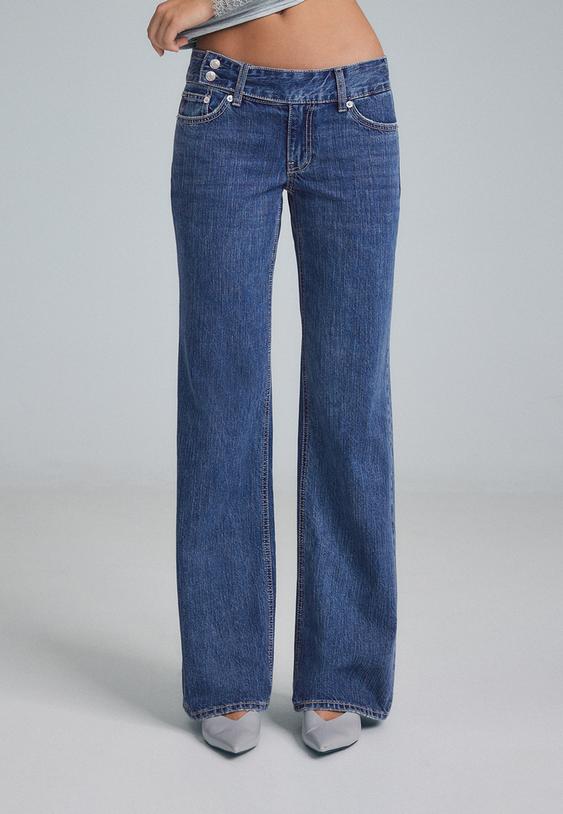 lowwaist wide leg jeans met hamerstijl tailleband