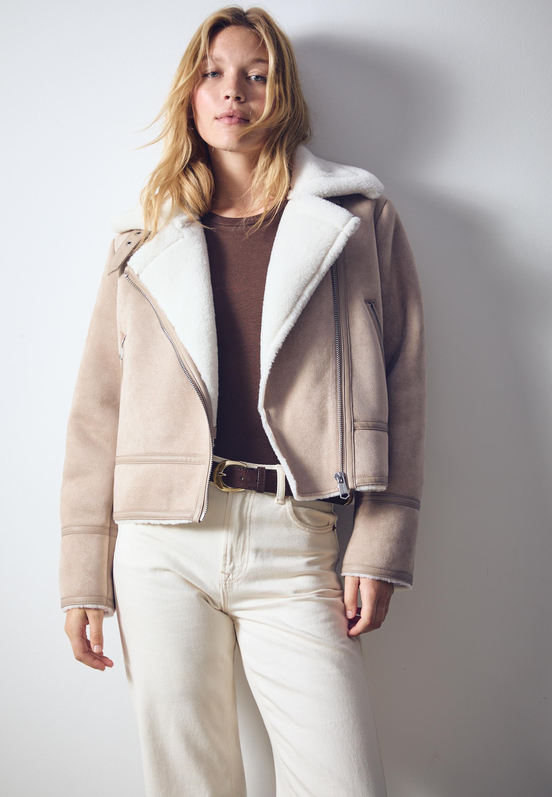 Faux suede biker jacket — Ecru