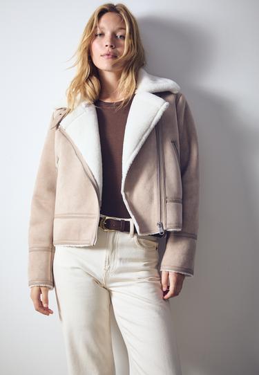 Faux suede double-faced biker jacket — Ecru 3
