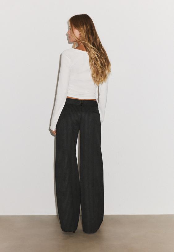 Stradivarius Striped Low-Rise Smart Trousers Dark Grey 4