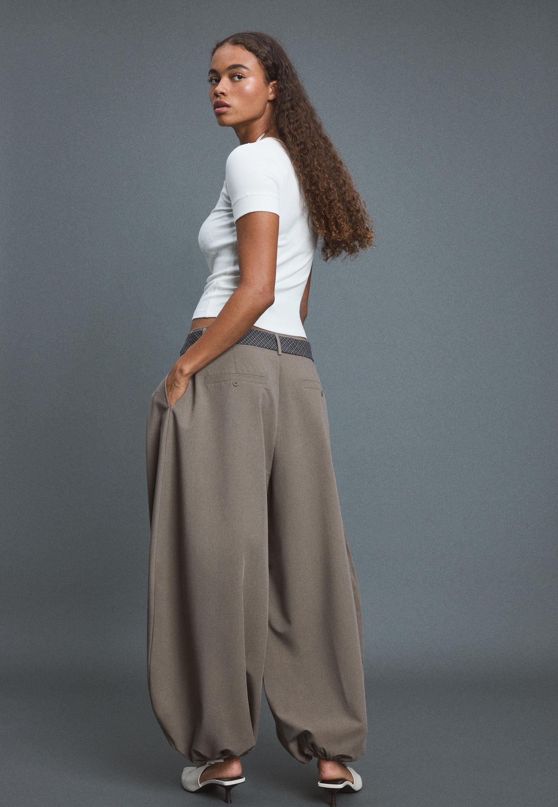 Voluminous sarouel trousers with tie belt — Brown