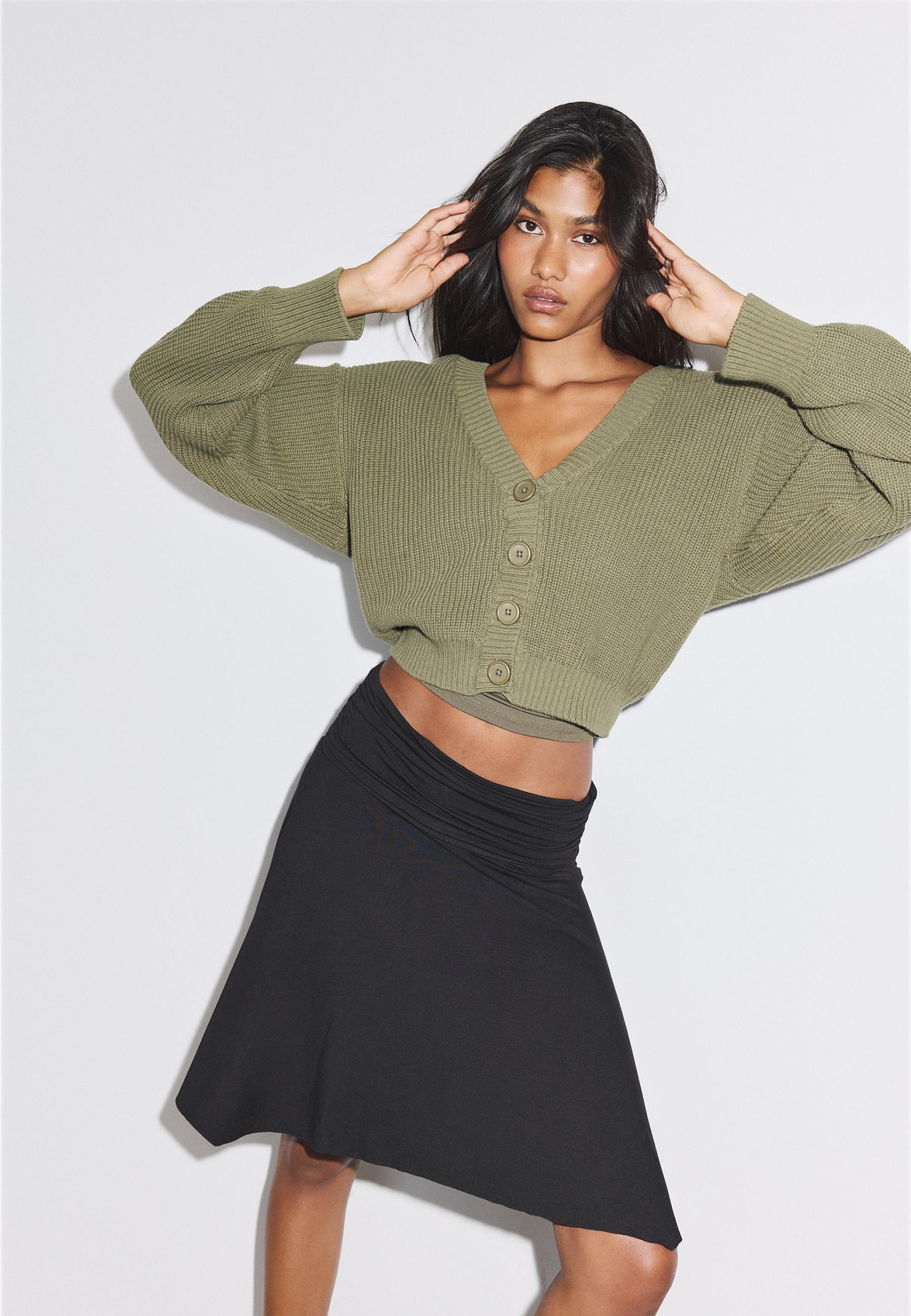 V-neck knit cardigan — Khaki