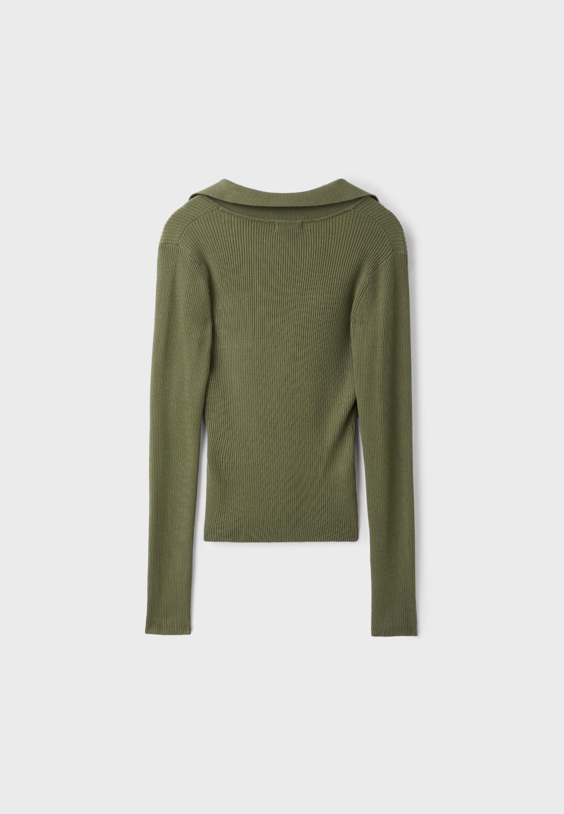Polo collar knit jumper with pockets — Khaki