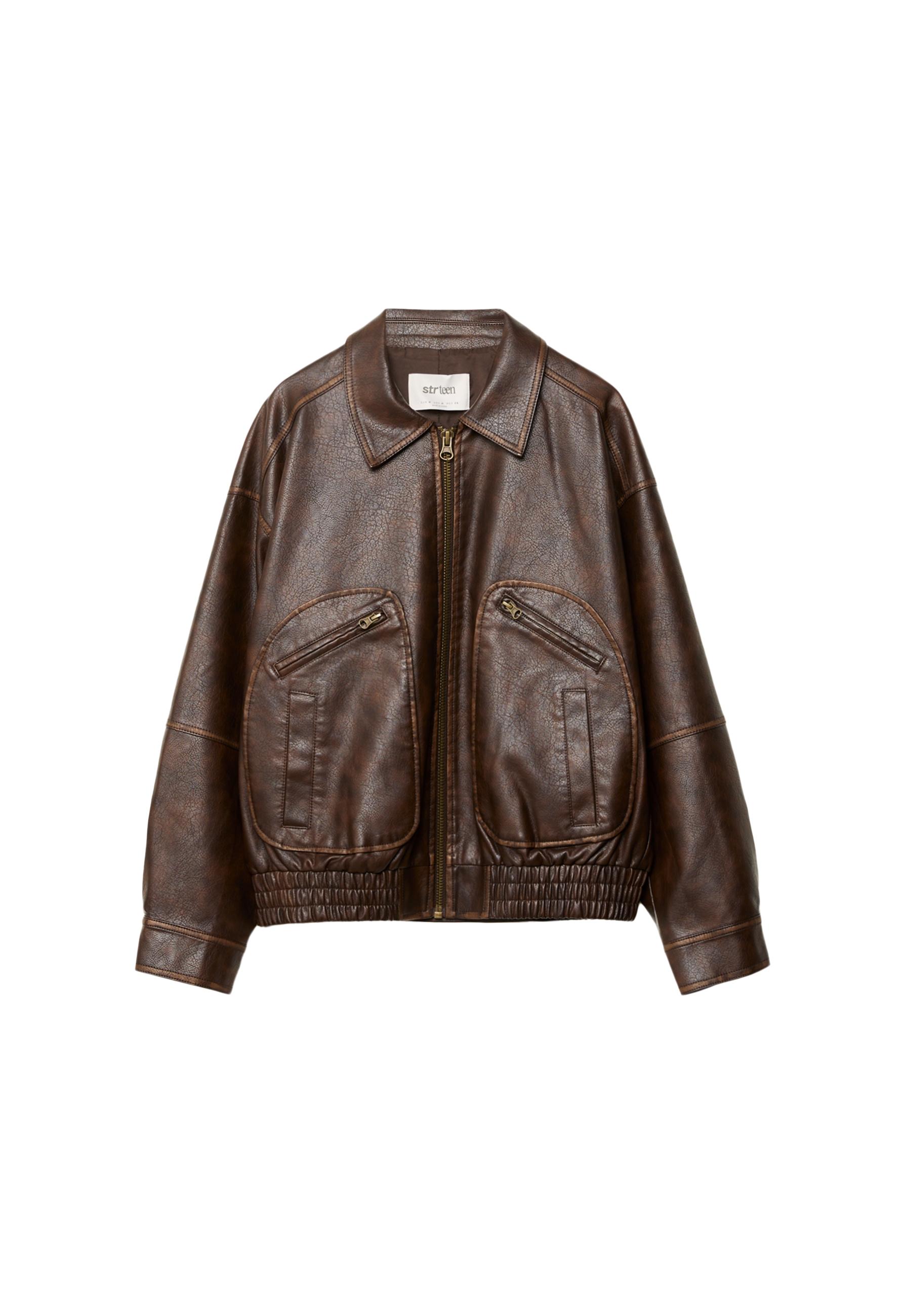 Leather effect jacket with pockets — Brown