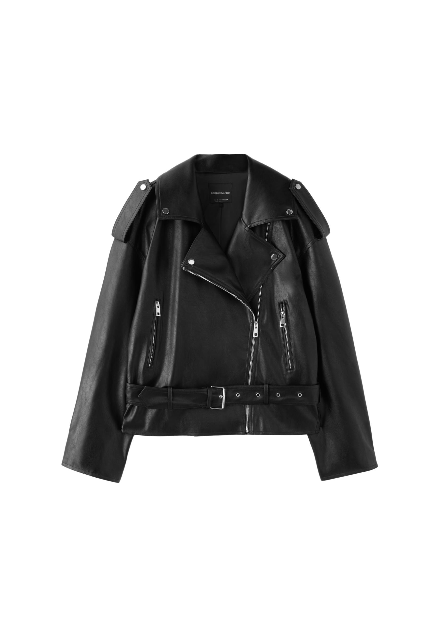 Leather effect biker jacket with belt — Black
