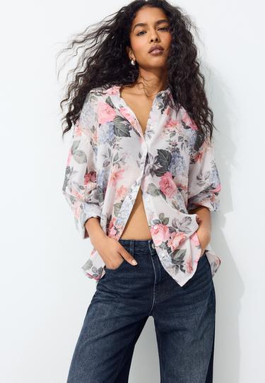Floral print flowing shirt — Ecru 1