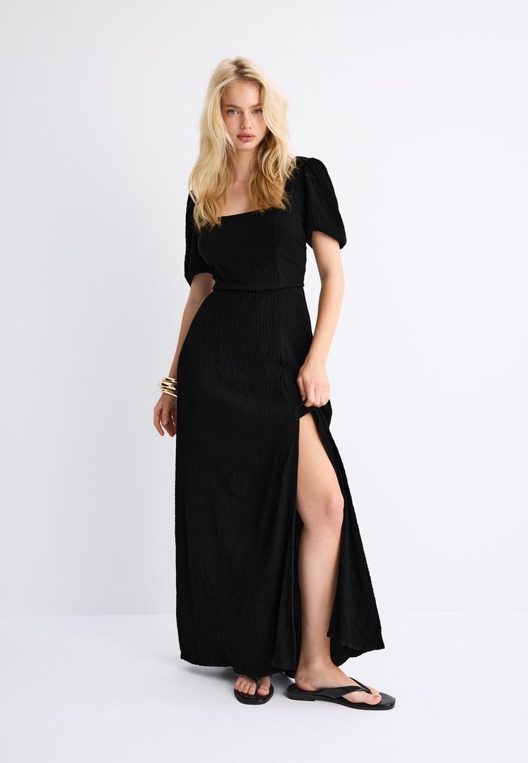 Stradivarius Μακρύ Ριχτό Φόρεμα Με Χιαστί Πλάτη Μαύρο Xs