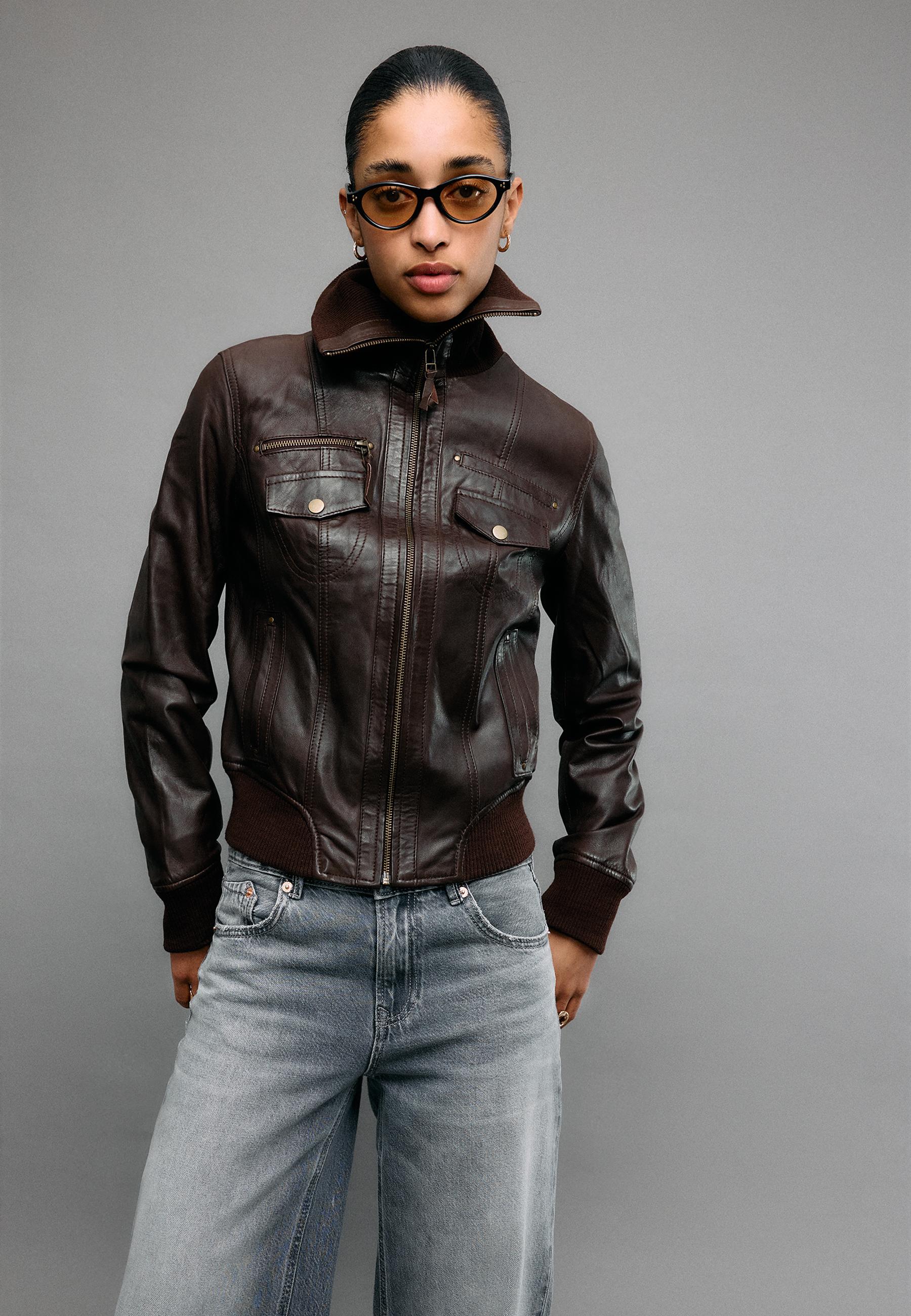 Ribbed Combined Leather Jacket — Brown