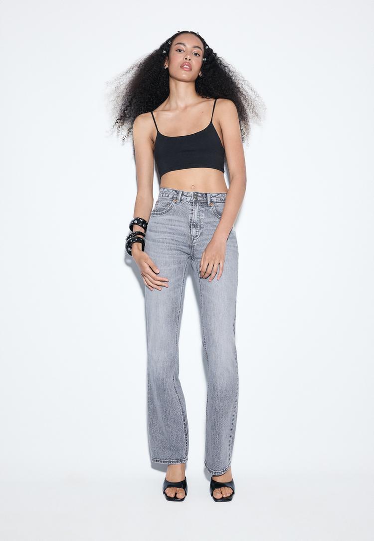 Stradivarius D98 Blugi Straight Fit Efect Prespălat Gri Denim Culoare Închisă 36