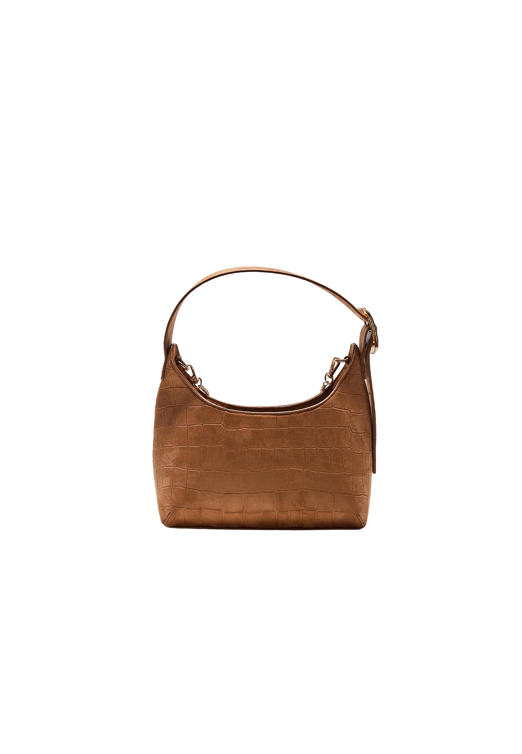 Faux suede shoulder bag with buckle detail — Caramel
