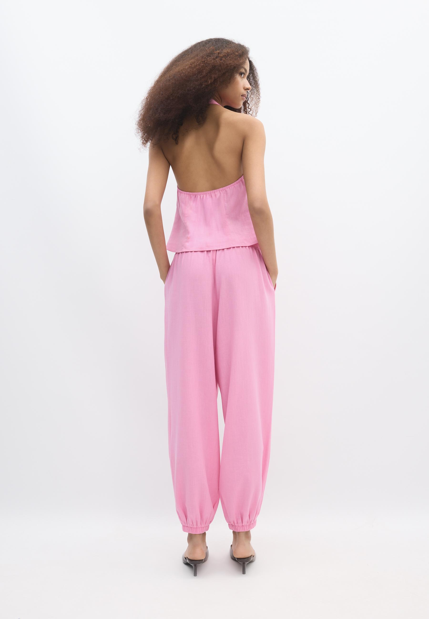 Linen-look sarouel trousers — Pastel pink