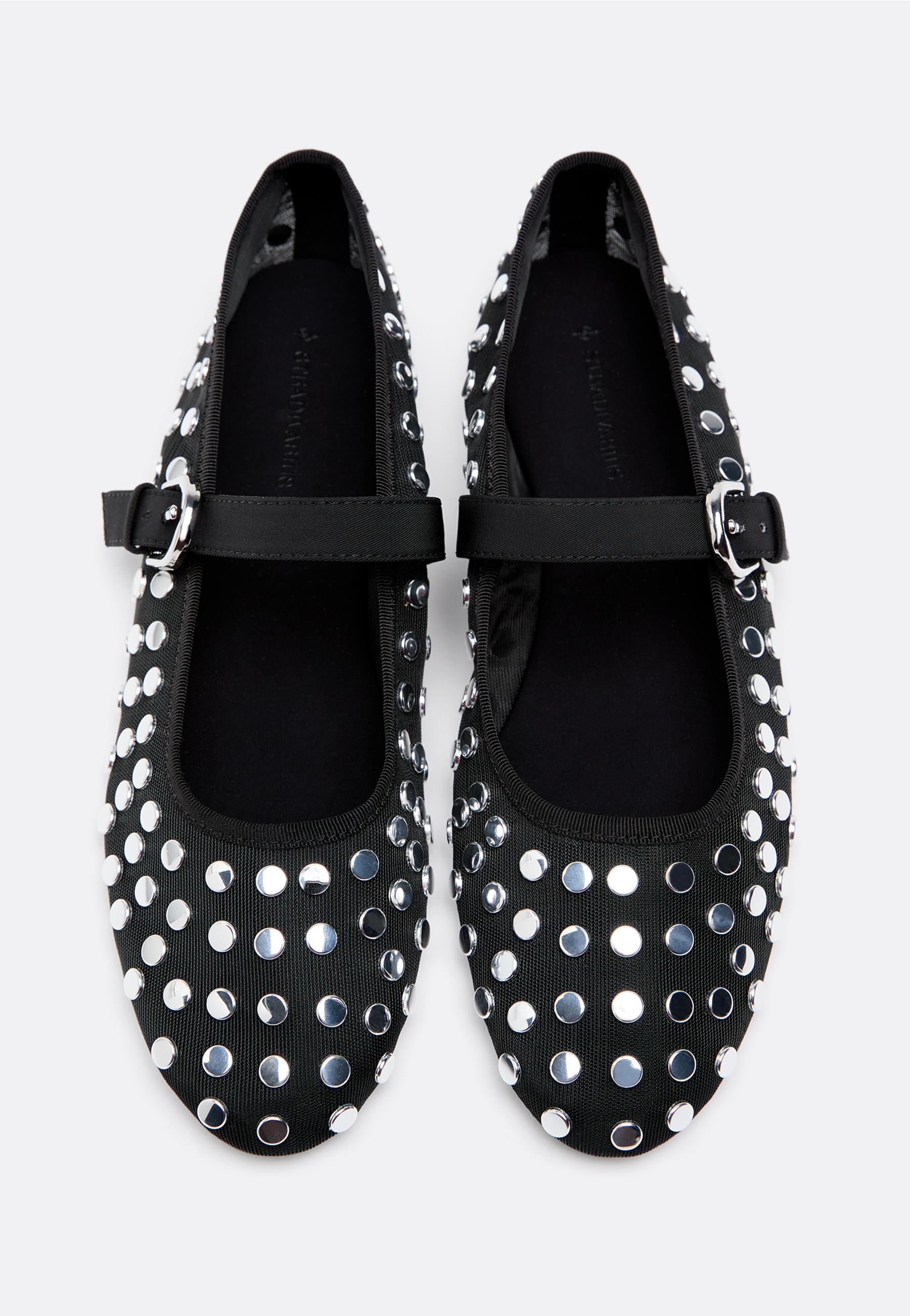 Mesh ballerina flats with studs — BLACK