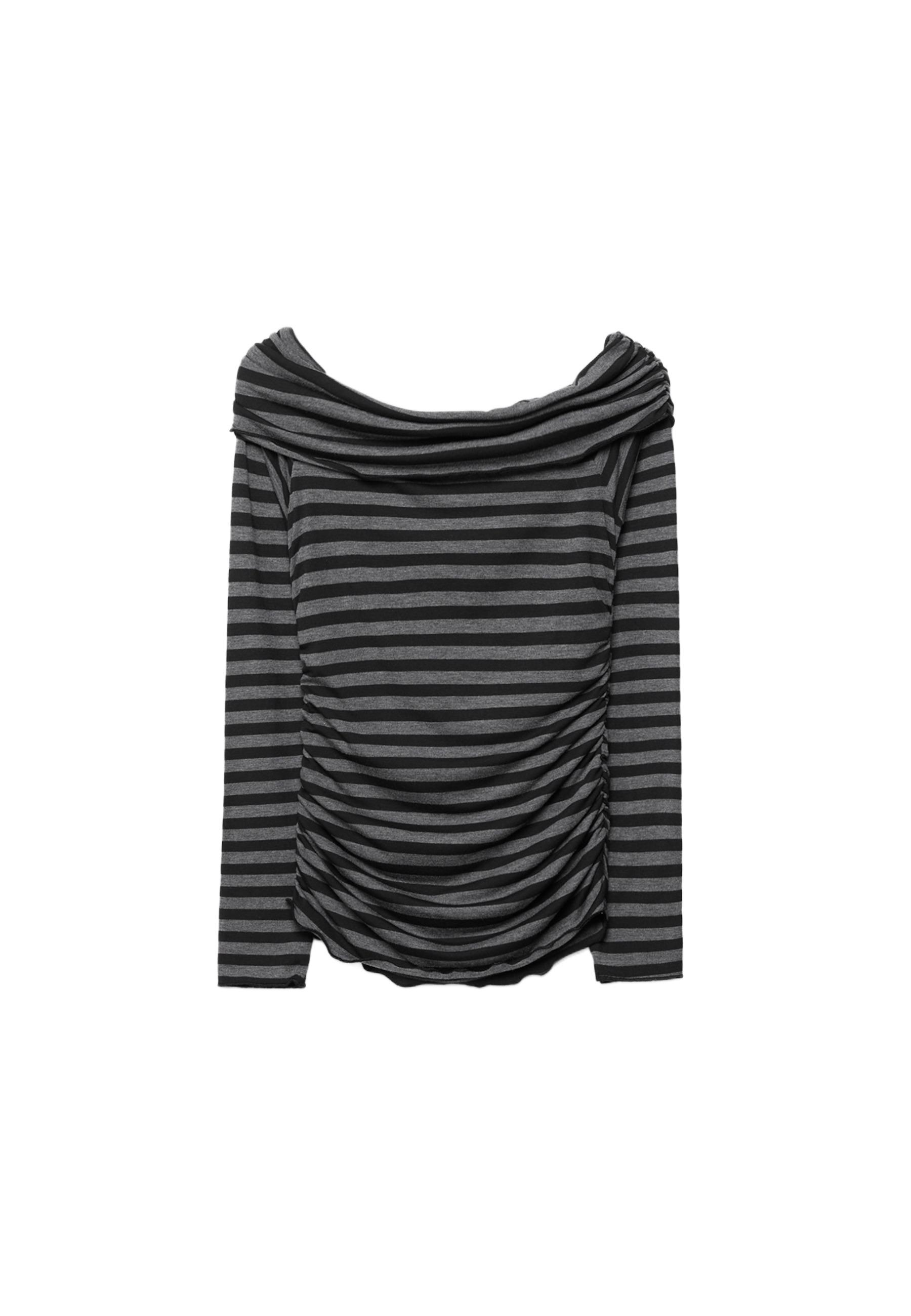 Striped Gathered Cold Shoulder T-shirt — Dark grey