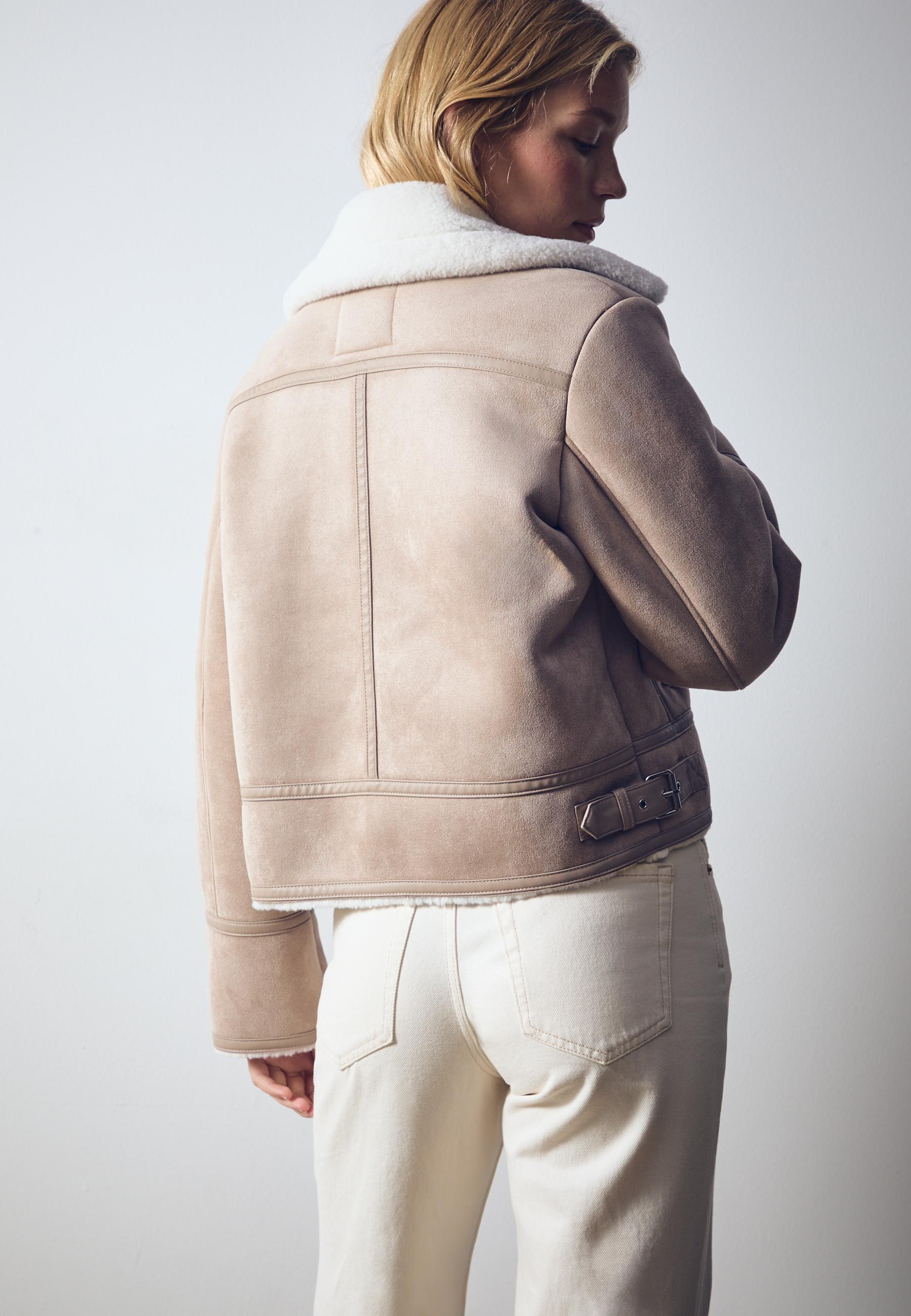 Faux suede biker jacket — Ecru