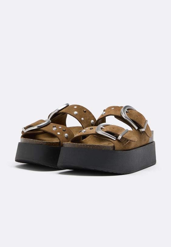 Stradivarius Platform Leather Buckle Sandals Beige 6