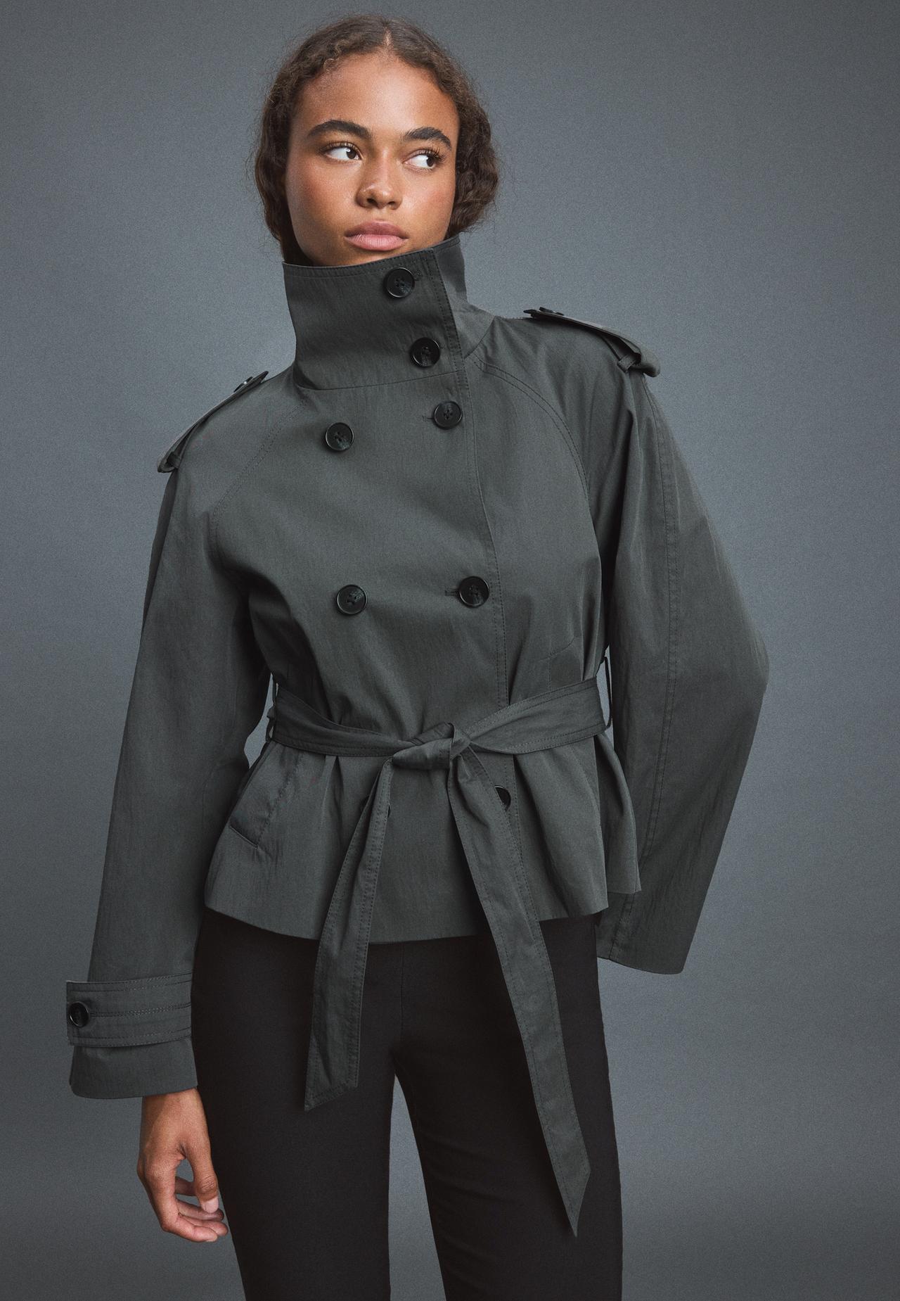 High-neck trench coat with belt — Dark grey