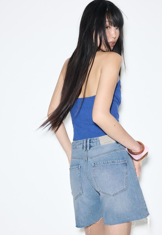 Stradivarius D93 Short En Jean Longline Denim Bleu Clair Délavé 44