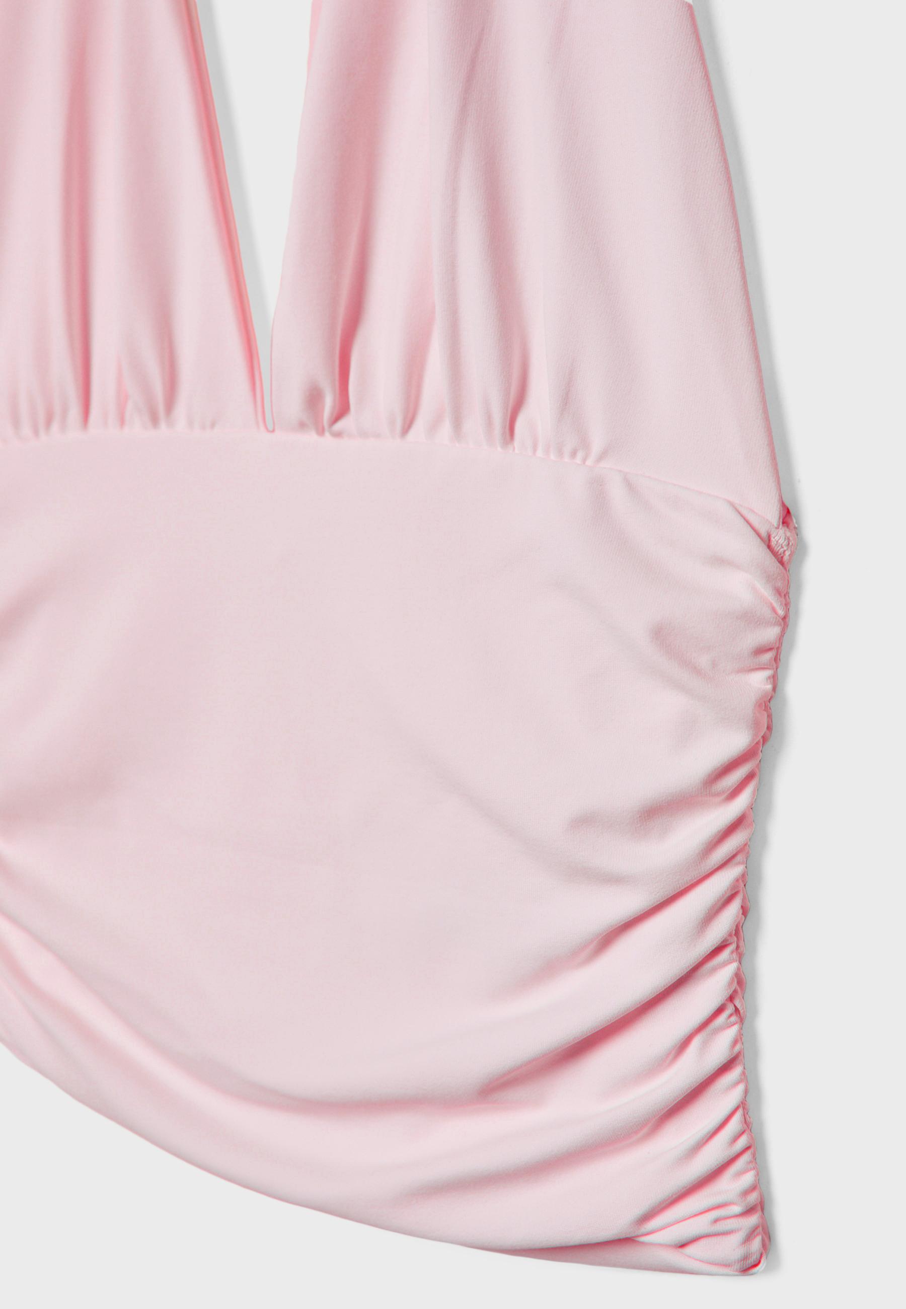 Ruched halter top with neck tie — Salmon pink