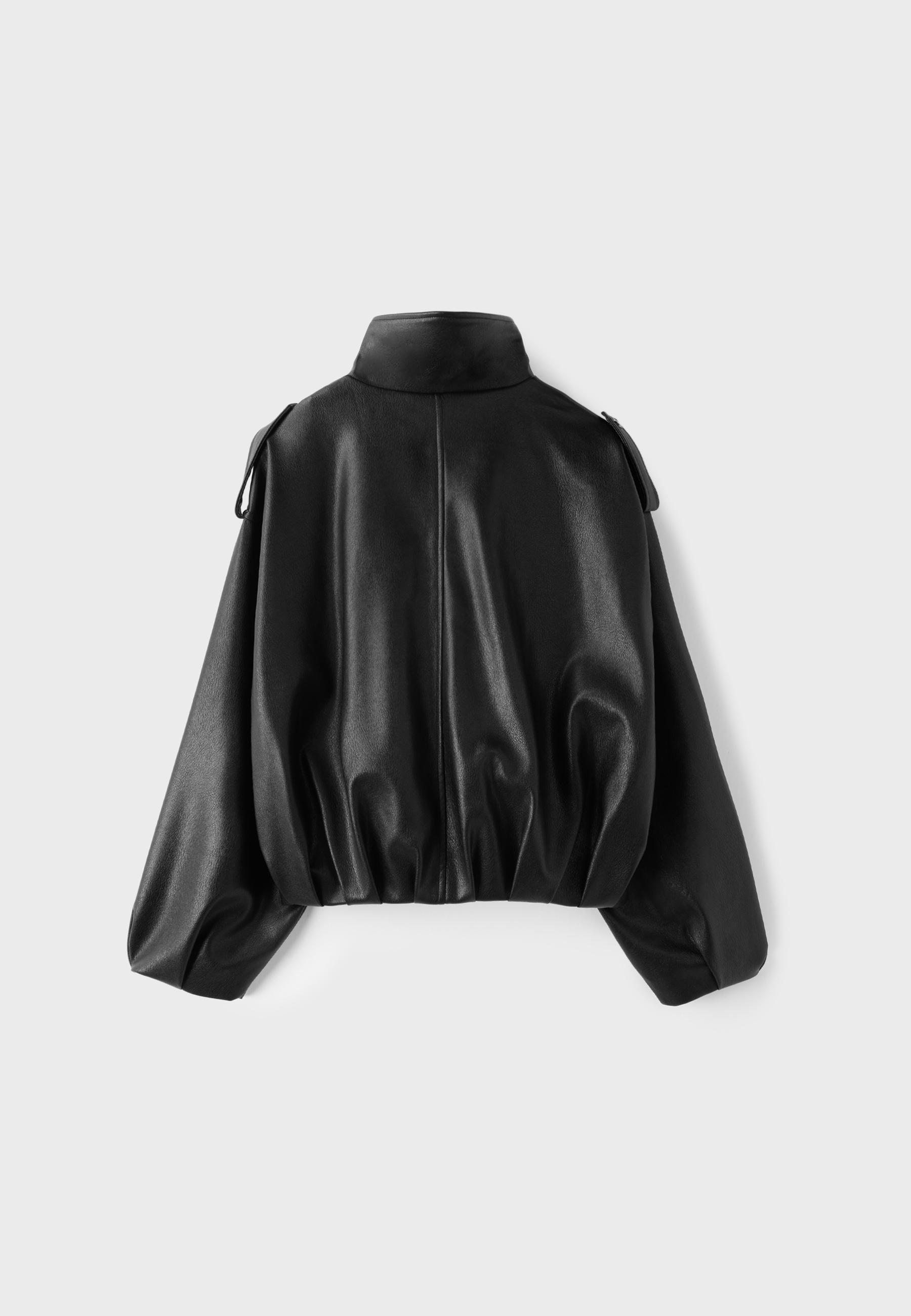 Leather effect balloon sleeve biker jacket — Black