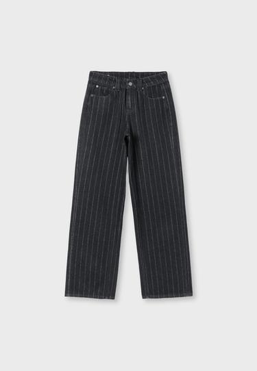 Straight wide-leg jeans with metallic thread stripes — BLACK DENIM WASH 7