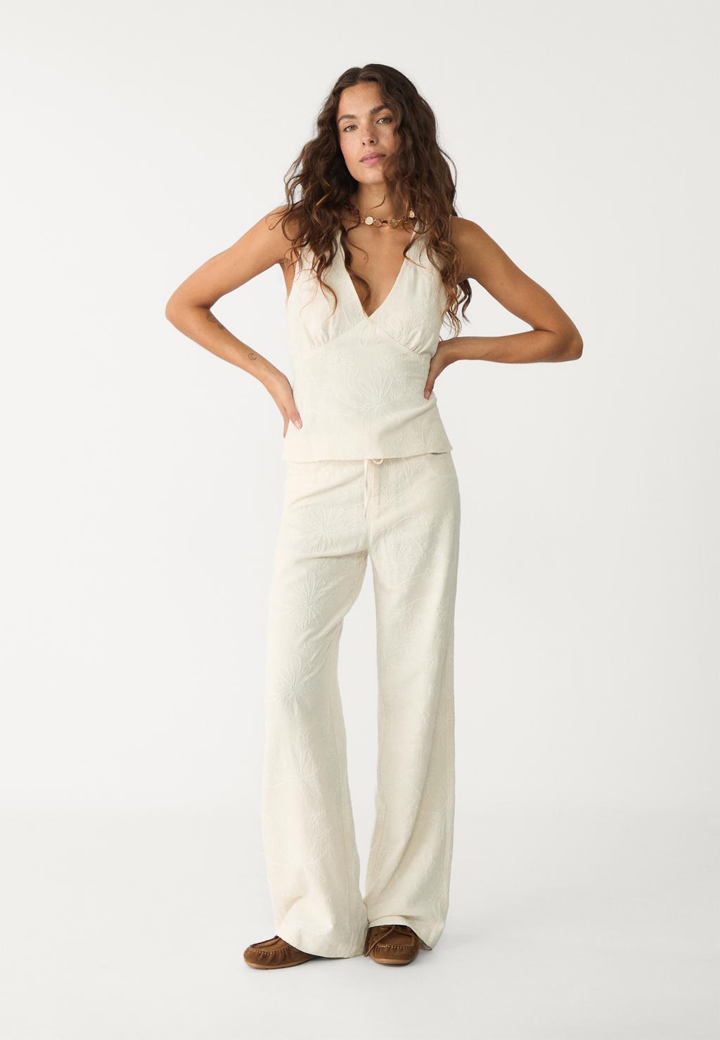 Linen blend embroidered straight-leg trousers